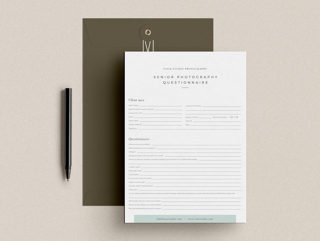Senior Photography Questionnaire, Senior Photographer Forms, Business Forms, Photoshop Template ...