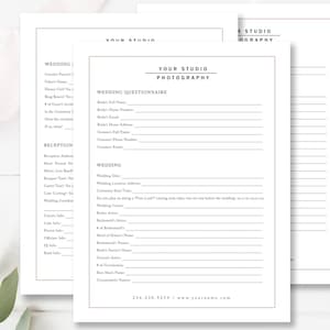 Modern clean wedding photography questionnaire template for Photoshop and Canva, designed for photographers to collect client details, preferences, and wedding day information in a stylish, editable format