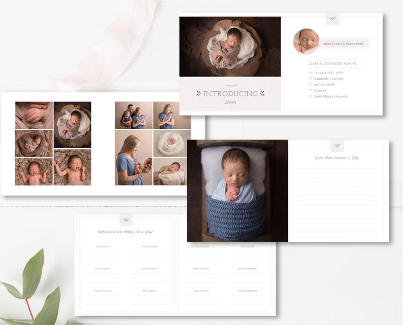 baby milestone photo book template first year album Photoshop design