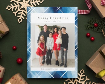 Christmas Photo Card Photoshop Template, Navy Blue Plaid Card Template, Photoshop Christmas Card Templates, Elegant Navy Blue Card