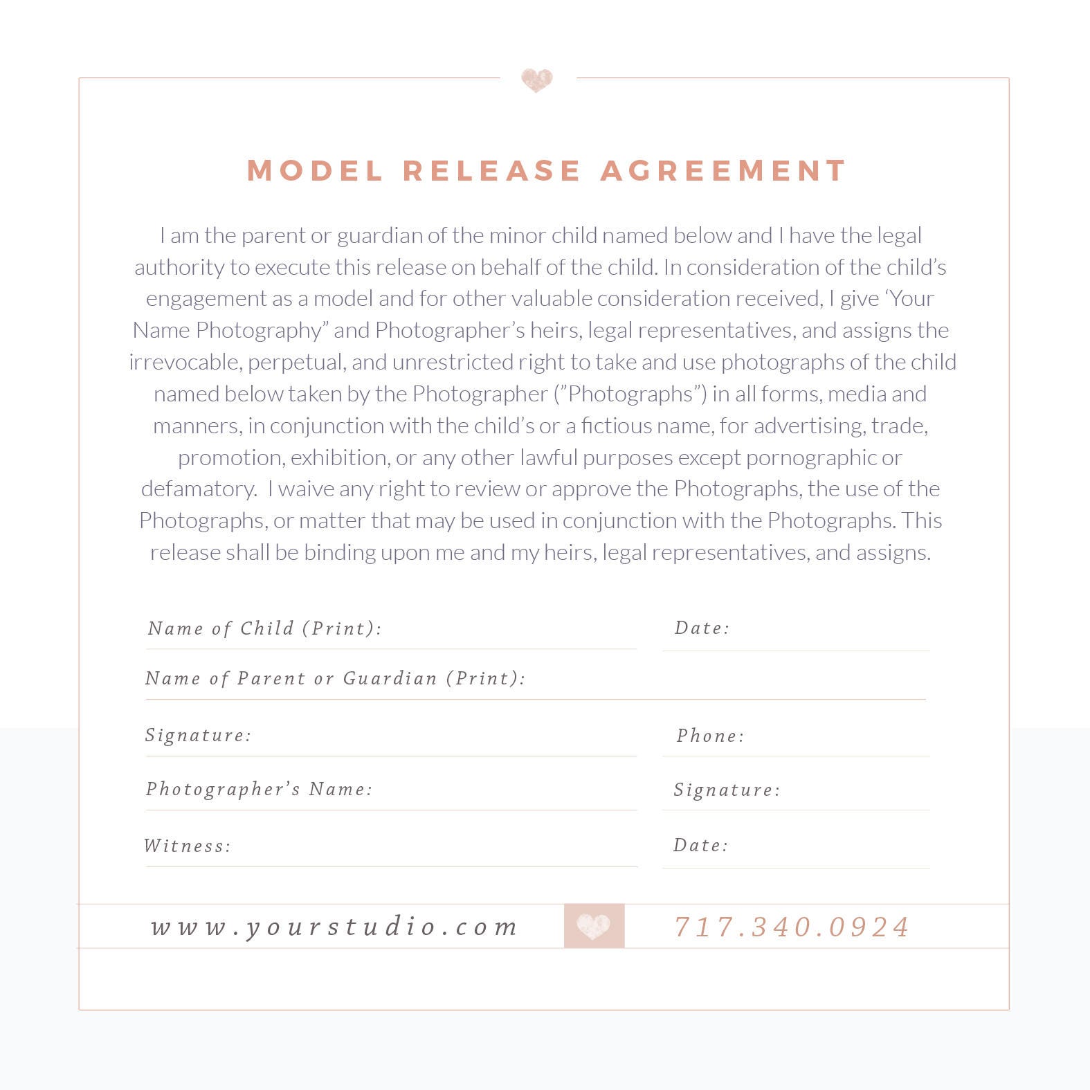 Photography Model Print Release Template minors Photography - Etsy
