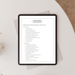 Minimalist wedding photography shot list template designed for Photoshop and Canva, including categorized sections such as getting ready, first look, ceremony, couple portraits, family groupings, and reception highlights, with editable text fields and checklist boxes.