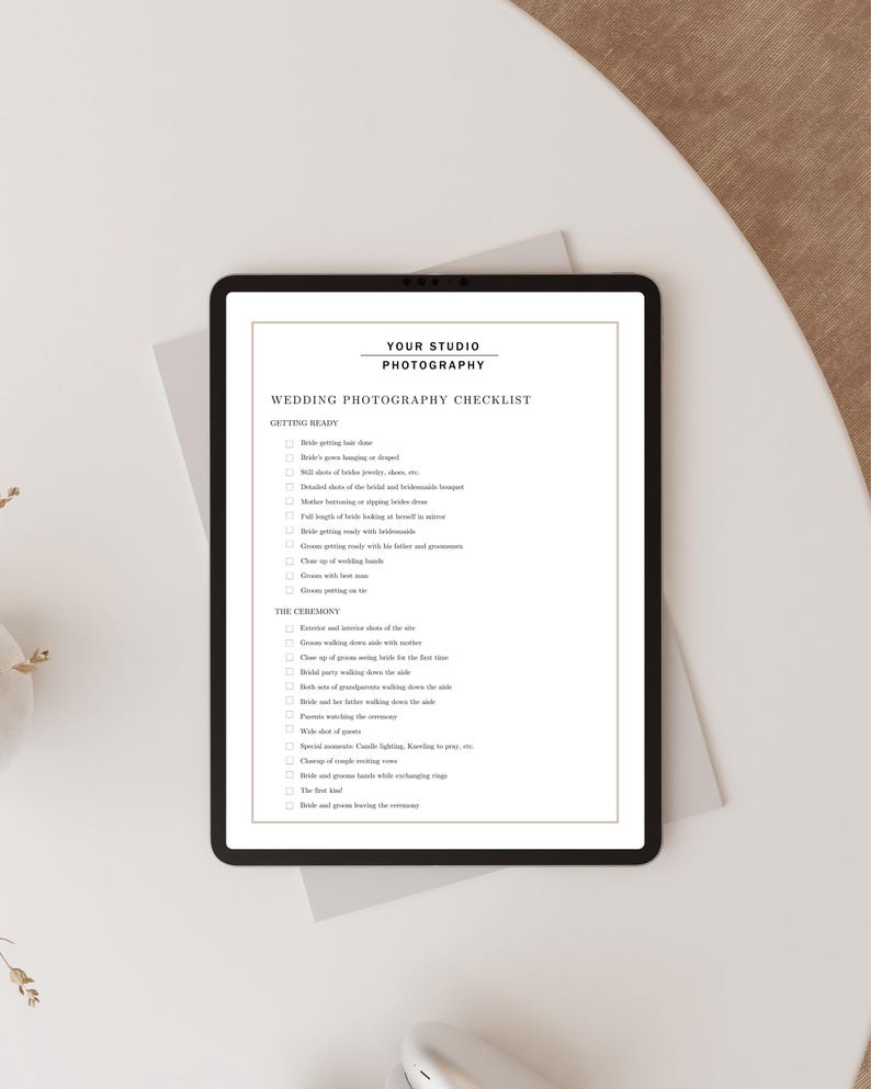 Minimalist wedding photography shot list template designed for Photoshop and Canva, including categorized sections such as getting ready, first look, ceremony, couple portraits, family groupings, and reception highlights, with editable text fields and checklist boxes.