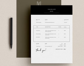 Modern Black & White Invoice Template, 8.5x11 Photography Invoice, Photoshop, MS Word Templates, INSTANT DOWNLOAD!