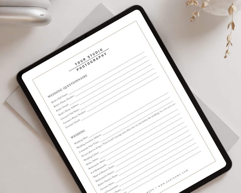 Wedding photographer contract template in editable Canva and Photoshop formats, featuring elegant layout with sections for client details, event information, pricing, payment terms, copyright, and signature lines, designed with a clean and professional style suitable for photographers.