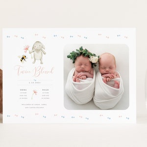Plantilla de anuncio de nacimiento de gemelos, anuncio de nacimiento de gemelos niño niña, nacimiento de gemelos, ¡se requiere Photoshop!, ¡DESCARGA INSTANTÁNEA!