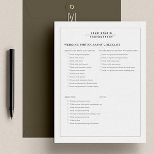 Minimalist wedding photography shot list template designed for Photoshop and Canva, including categorized sections such as getting ready, first look, ceremony, couple portraits, family groupings, and reception highlights, with editable text fields and checklist boxes.