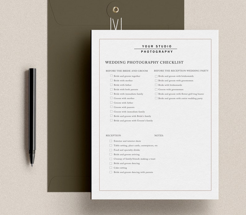 Minimalist wedding photography shot list template designed for Photoshop and Canva, including categorized sections such as getting ready, first look, ceremony, couple portraits, family groupings, and reception highlights, with editable text fields and checklist boxes.