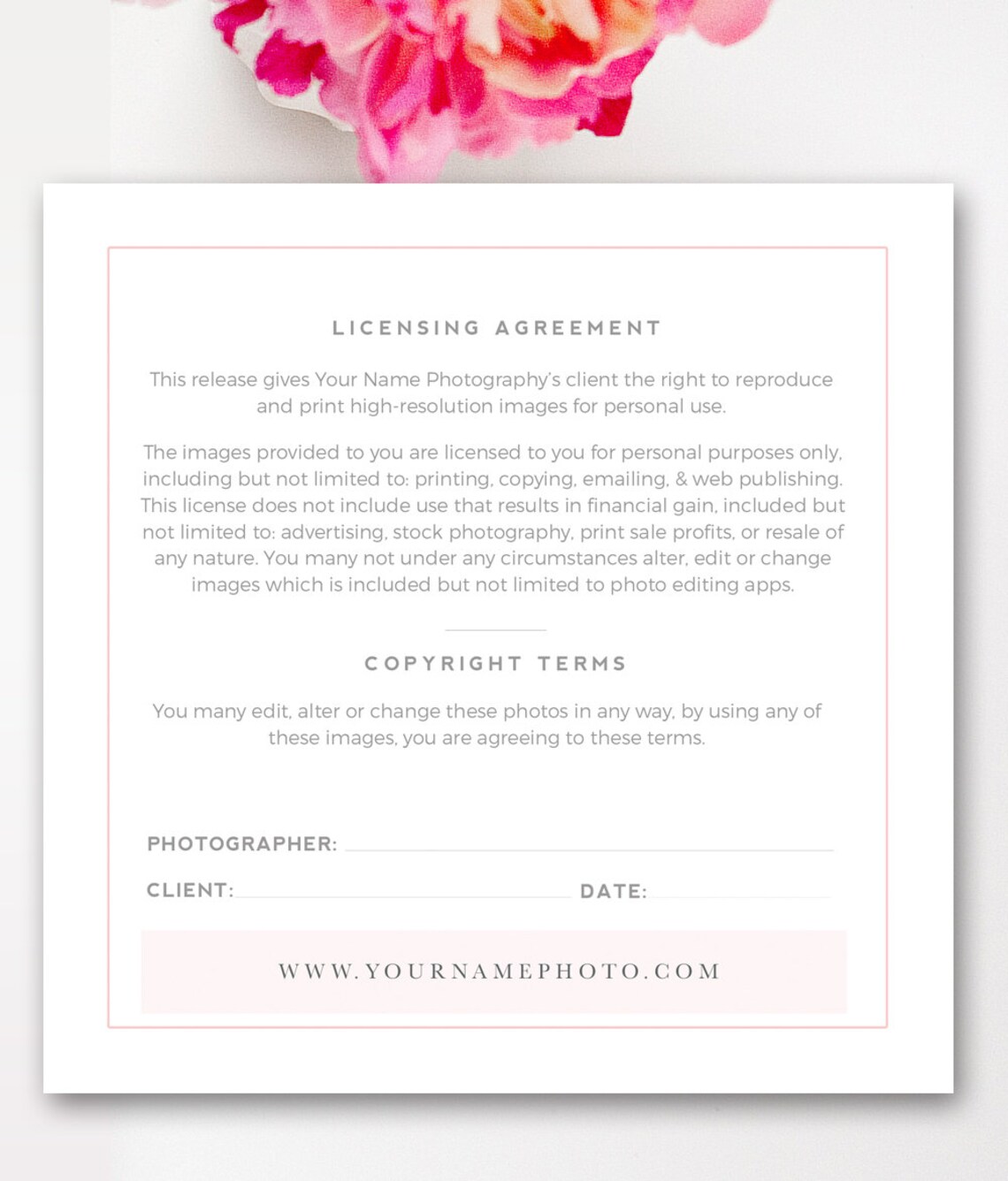 Photographer Print Release Template Copyright Form for Etsy