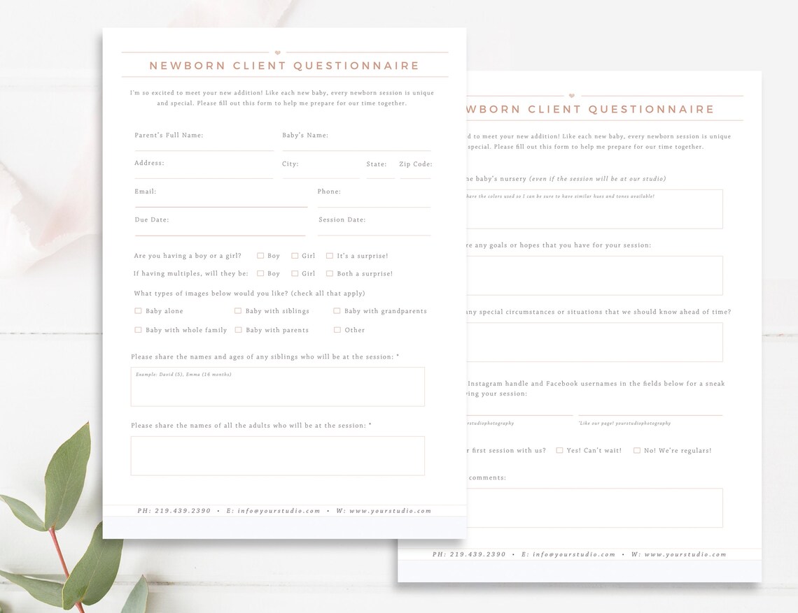 Newborn Session Questionnaire Pre-session Questionnaire | Etsy