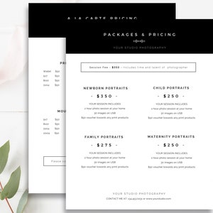 Modern professional US Letter photography pricing guide Canva template with matching 7x5 version