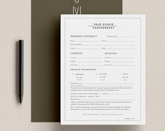 Contratto per servizi fotografici di matrimonio / Accordo per la sessione fotografica di matrimonio (3 pagine) / Modello modificabile per Photoshop e Canva / Moduli legali scaricabili immediatamente