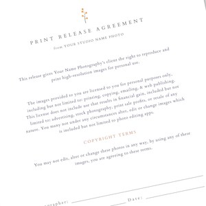 Print Release Template for Photographers, Photo Print Release 8.5x11 ...