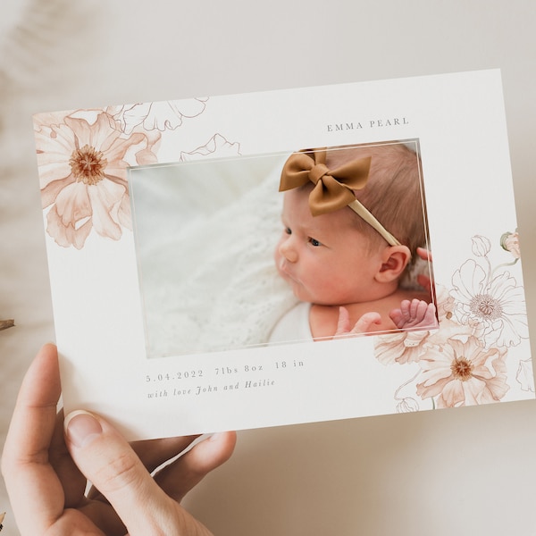 Watercolor Poppies Baby Announcement Template, Birth Announcement Card for Girls, Photoshop Template, Canva Template - INSTANT DOWNLOAD!