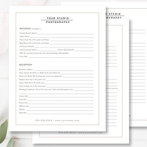 Modern clean wedding photography questionnaire template for Photoshop and Canva, designed for photographers to collect client details, preferences, and wedding day information in a stylish, editable format