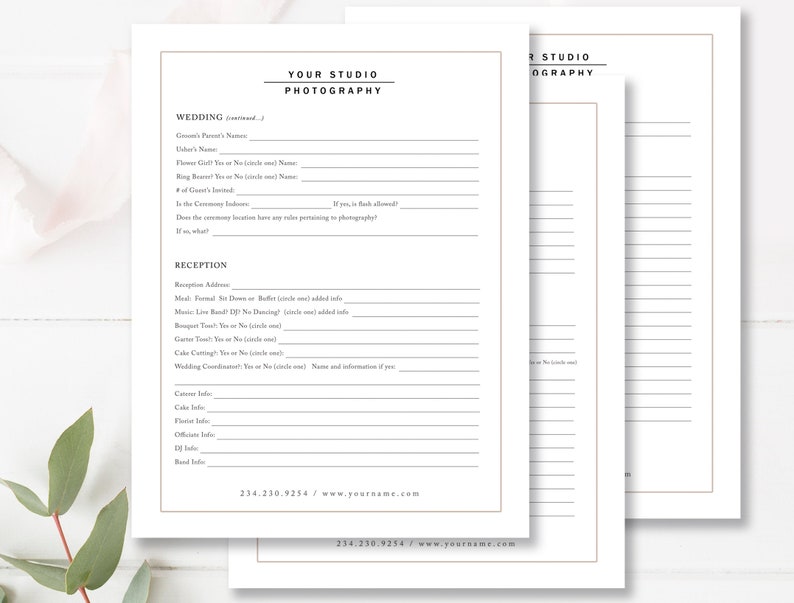 Modern clean wedding photography questionnaire template for Photoshop and Canva, designed for photographers to collect client details, preferences, and wedding day information in a stylish, editable format