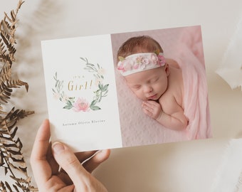 It's a Girl Birth Announcement Template, Newborn Announcement, Watercolor Baby Photo Card Template, Photoshop Template, INSTANT DOWNLOAD!