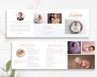 Newborn Pricing Template 5x5 Accordion Trifold, Baby Trifold 5x5 Brochure, InDesign, Photographer Brochure - INSTANT DOWNLOAD