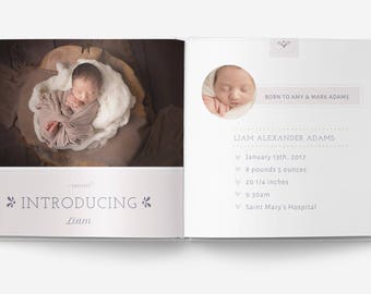 May include: A newborn baby boy, Liam Alexander Adams, is wrapped in a beige blanket and lying in a wooden bowl. The image is from a birth announcement card with details about his birth, including his weight, length, and time of birth.