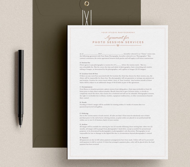 Session Contract Template for Photographer, Photography Contract, Templates for Photographers, Photoshop & MS Word, INSTANT DOWNLOAD image 1