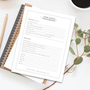 Modern clean wedding photography questionnaire template for Photoshop and Canva, designed for photographers to collect client details, preferences, and wedding day information in a stylish, editable format