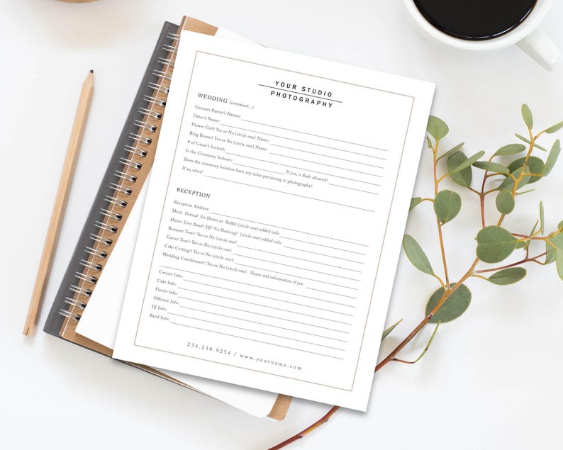 Modern clean wedding photography questionnaire template for Photoshop and Canva, designed for photographers to collect client details, preferences, and wedding day information in a stylish, editable format