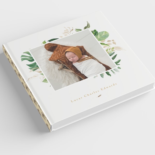 Boho Tropical Leaves Baby Photo Album Template, Baby Photo Book Template, Baby Boy Gift for New Parent, Photoshop - INSTANT DOWNLOAD!