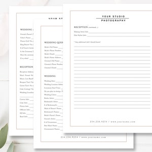 Modern clean wedding photography questionnaire template for Photoshop and Canva, designed for photographers to collect client details, preferences, and wedding day information in a stylish, editable format