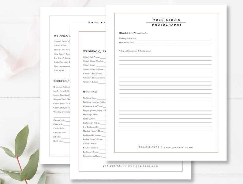 Modern clean wedding photography questionnaire template for Photoshop and Canva, designed for photographers to collect client details, preferences, and wedding day information in a stylish, editable format