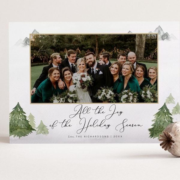 Rustic Elegant Watercolor Christmas Card Template, Pine Trees Holiday Card Template, Photo Card PSD, Photoshop Template, INSTANT DOWNLOAD!