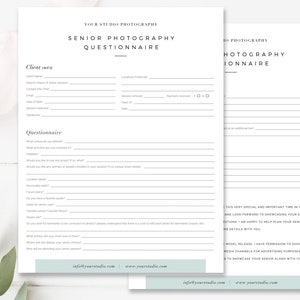 Senior Photography Questionnaire, Senior Photographer Forms, Business Forms, Photoshop Template ...