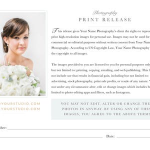 INSTANT DOWNLOAD Photography Print Release Template, Photoshop Marketing Templates, Canva Form, Copyright Form for Wedding Photographers image 3