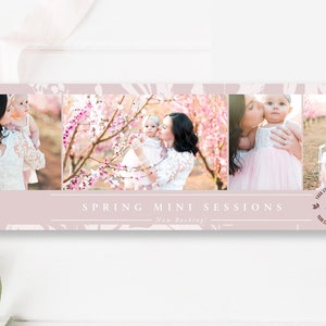 以下が含まれることがあります： ピンクと白の花柄の横断幕が、春のミニフォトセッションを宣伝しています。横断幕には、ピンクの花が咲く果樹園で、母娘の3枚の写真が掲載されています。テキストには、「Spring Mini Sessions - Now Booking!」「Only $325」と記載されています。