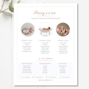May include: A pricing guide for a photography studio specializing in newborn portraits. The guide lists three packages with varying session lengths, outfit options, and print credits. A la carte options for albums, announcements, and flat prints are also listed.
