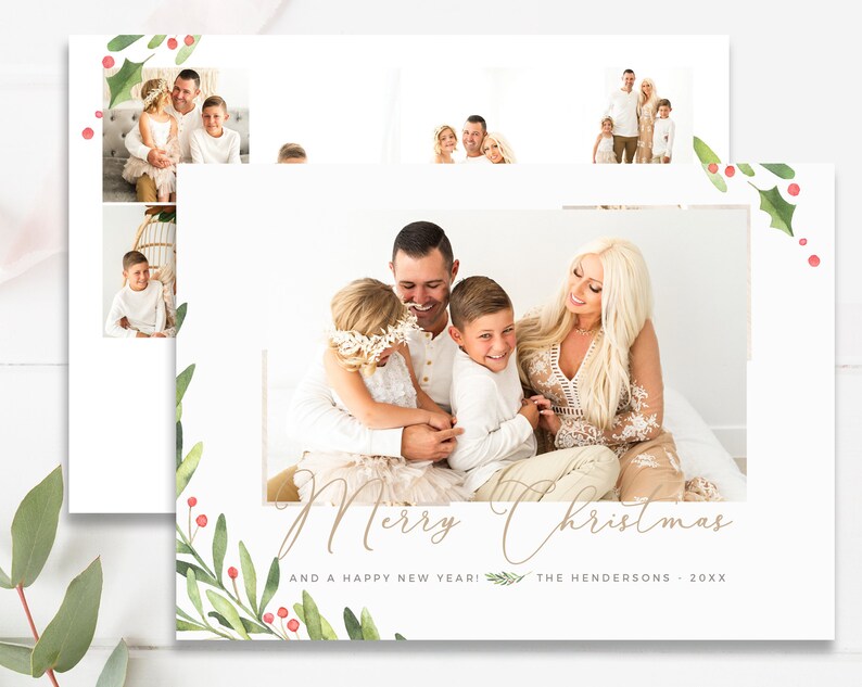 Greenery Christmas Photo Card Template, Merry Christmas Card, Canva Holiday Cards, Photoshop Template, Edit in Canva INSTANT DOWNLOAD image 5