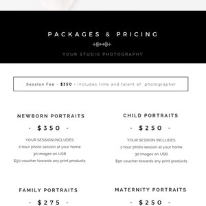 Modern professional US Letter photography pricing guide Canva template with matching 7x5 version