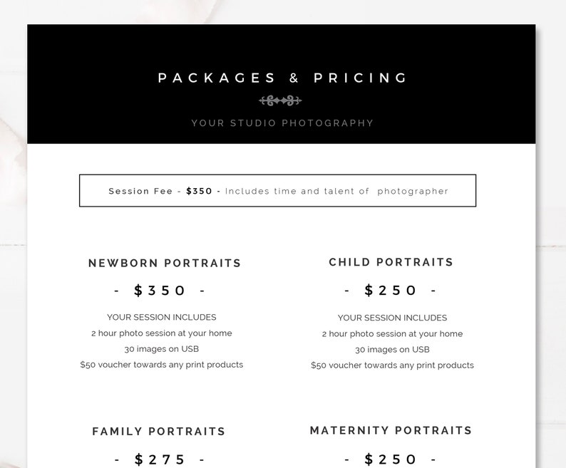 Modern professional US Letter photography pricing guide Canva template with matching 7x5 version