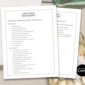Modern, clean wedding shot list template with elegant fonts, neutral color palette, and structured checklist layout covering key wedding moments from preparation through reception, fully customizable in Photoshop and Canva.”