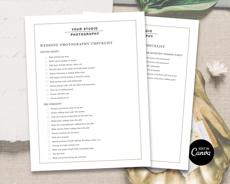 Modern, clean wedding shot list template with elegant fonts, neutral color palette, and structured checklist layout covering key wedding moments from preparation through reception, fully customizable in Photoshop and Canva.”