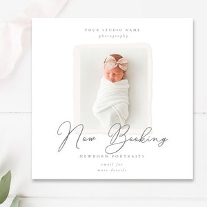 May include: A white card with a pink bow on a baby wrapped in a white blanket. The text on the card reads "Now Booking Newborn Portraits email for more details".