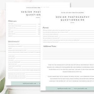Senior Photography Questionnaire, Senior Photographer Forms, Business Forms, Photoshop Template ...