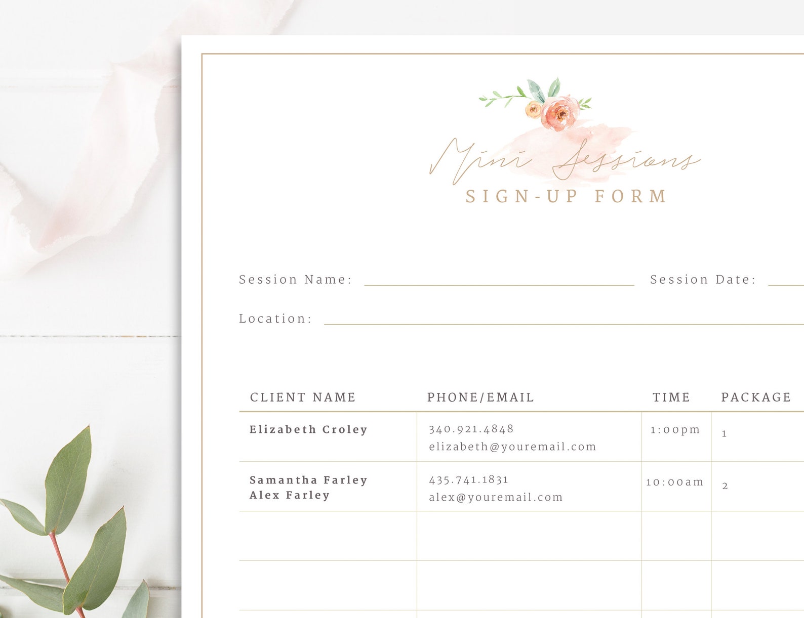 Sign-up Form for Photographers, Mini Session Signup Form, Photography ...