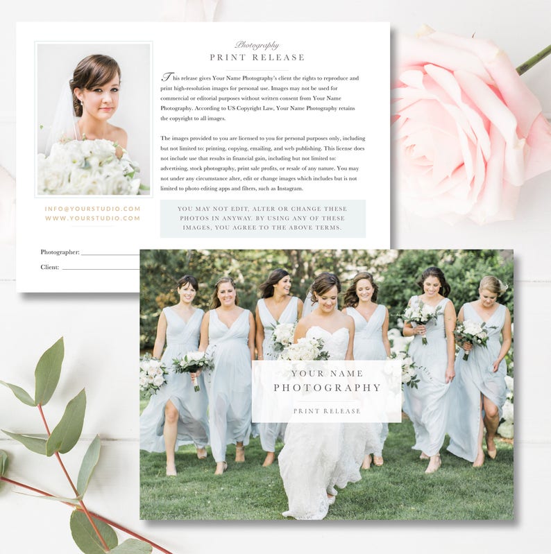 INSTANT DOWNLOAD Photography Print Release Template, Photoshop Marketing Templates, Canva Form, Copyright Form for Wedding Photographers image 1
