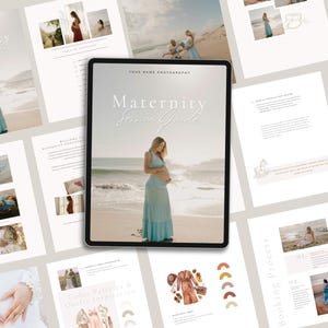May include: A digital tablet displays a "Maternity Session Guide" with a beach photo of a pregnant person in a blue dress. Surrounding the tablet are printed pages with photos and text, including "Color Palettes & Outfit Inspiration."