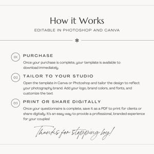 Step-by-step guide showing how to use the wedding photography questionnaire, including opening the template, customizing branding, and sharing with clients.