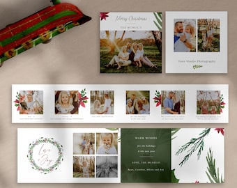 Plantilla de minilibro acordeón navideño 3x3, minilibros acordeón para Photoshop, plantilla de álbum de fotos navideño para fotógrafos, descarga instantánea.