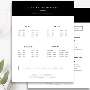 Editable Canva photography pricing guide, modern US Letter design plus matching 7x5 version