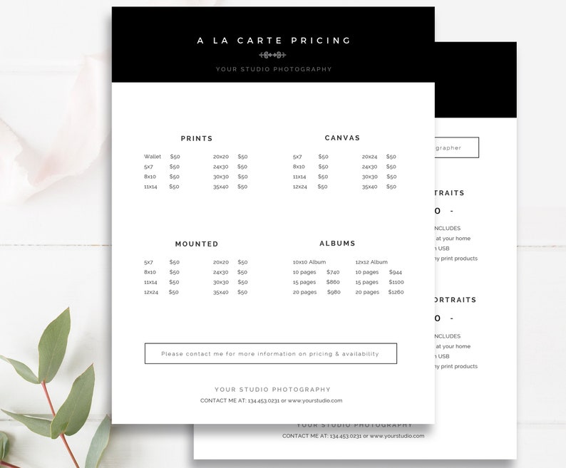 Editable Canva photography pricing guide, modern US Letter design plus matching 7x5 version