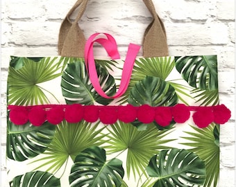Handmade Tropical Green Leaf Botanical Pompom Beach Tote