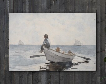 Watercolor painting of boat (CANVAS) | Beach House painting | Antique watercolor | Vintage coastal painting